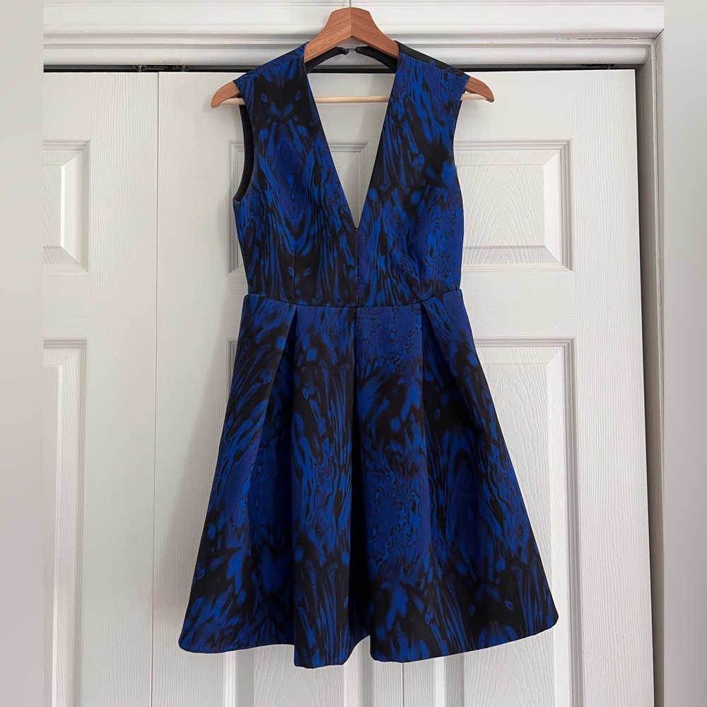 Bold cobalt blue mini wedding guest cocktail dress - low back - full skirt